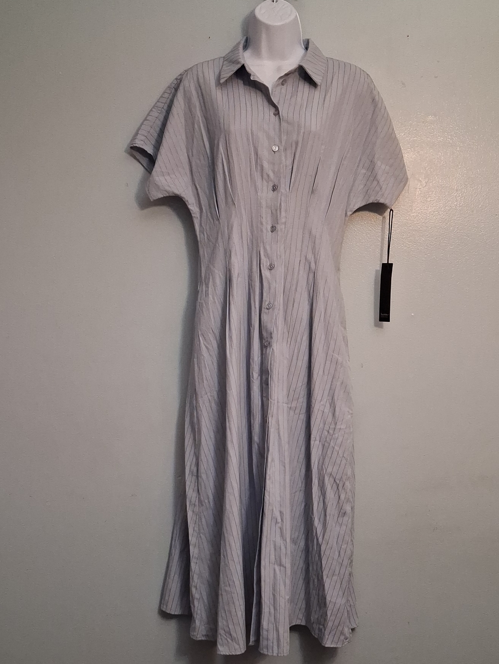 Nicole Miller Size M Women's Blue Pinstripe Maxi Shirt Dress Button Front Pocket